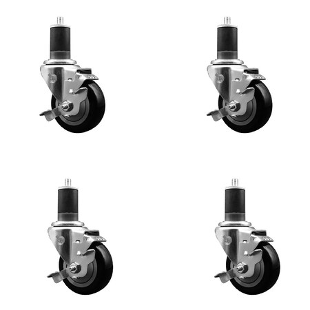 Service Caster 3.5'' SS Black Poly Swivel 1-5/8'' Expanding Stem Caster Set with Brake, 4PK SCC-SSEX20S3514-PPUB-BLK-TLB-158-4
